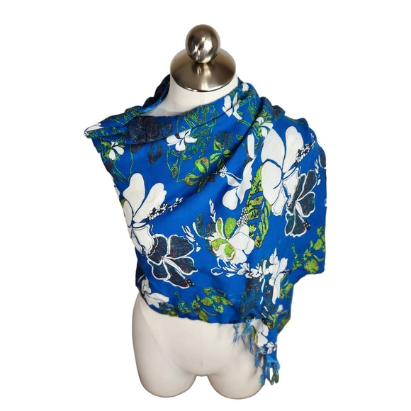 Hibiscus Collection Hawaii Scarf‎ Tropical Floral Blue Green White - Picture 2 of 9